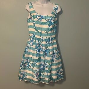 Lilly Pulitzer Preppy Blue Floral and Striped Dress, Size 4
